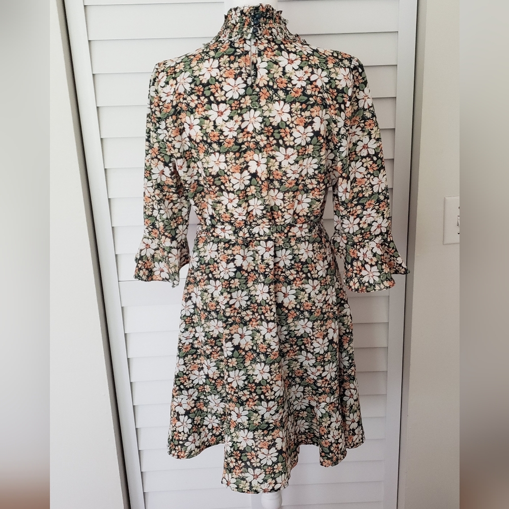 Allegra K Floral 3/4 Bell Sleeves Smocked Belted Flare Ruffle Dress Size S - Picture 7 of 16